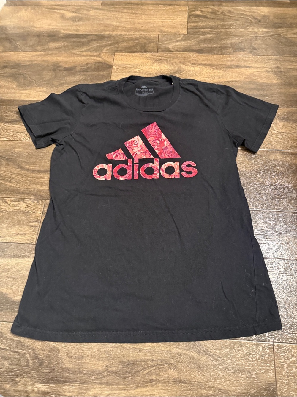 adidas Black Tee with Pink Floral Logo
